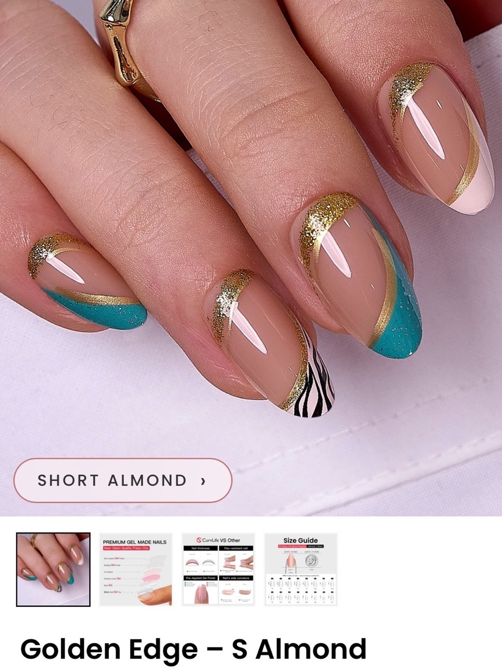 Nude Almond Press-On Nails with Gold Glitter & Teal Accents